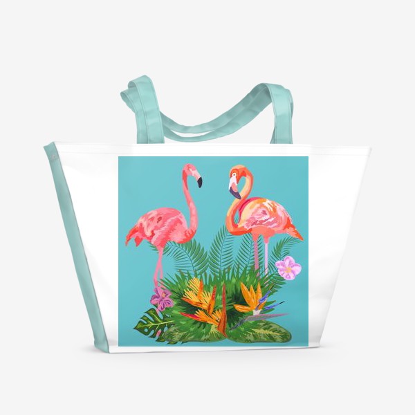 Пляжная сумка &laquo;Розовые фламинго с тропическими цветами&raquo;