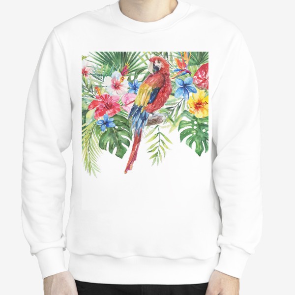 Свитшот «Букет тропических цветов и пальмовых листьев акварель»