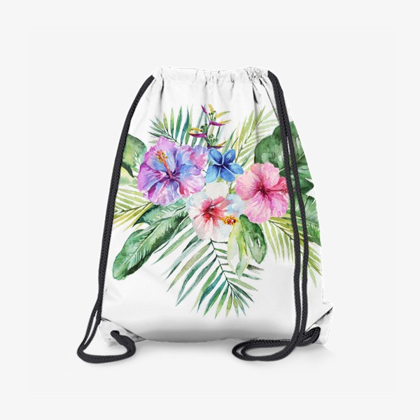 Рюкзак «Букет тропических цветов и пальмовых листьев акварель»