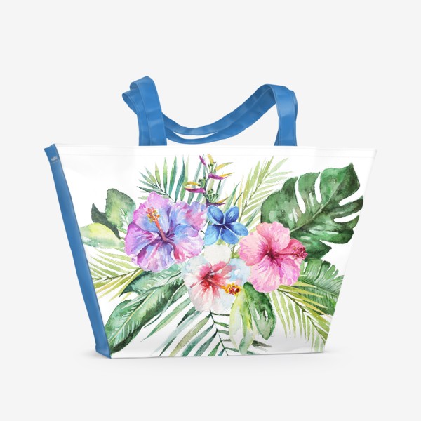 Пляжная сумка «Букет тропических цветов и пальмовых листьев акварель»