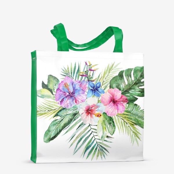 Сумка-шоппер &laquo;Букет тропических цветов и пальмовых листьев акварель&raquo;