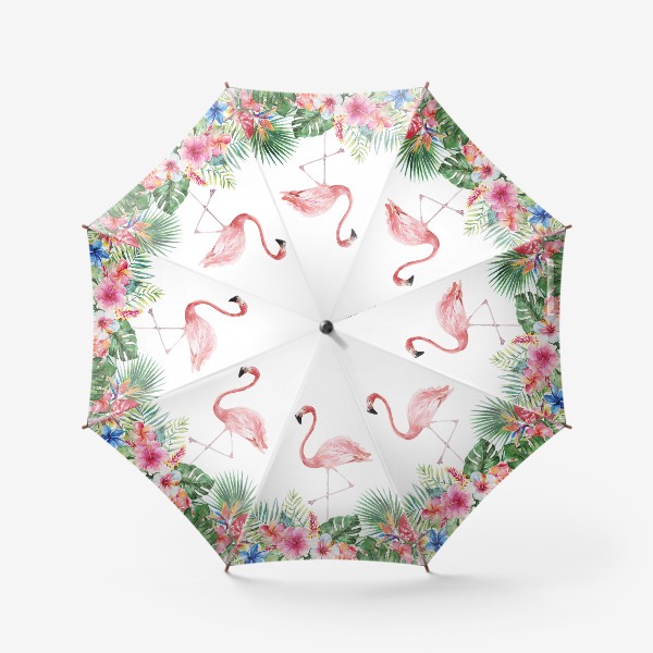 Зонт «Букет тропических цветов и розовый фламинго акварель»