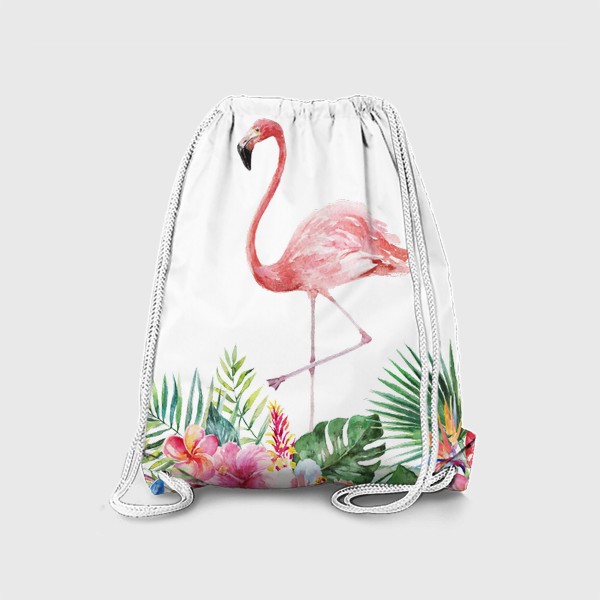 Рюкзак «Букет тропических цветов и розовый фламинго акварель»