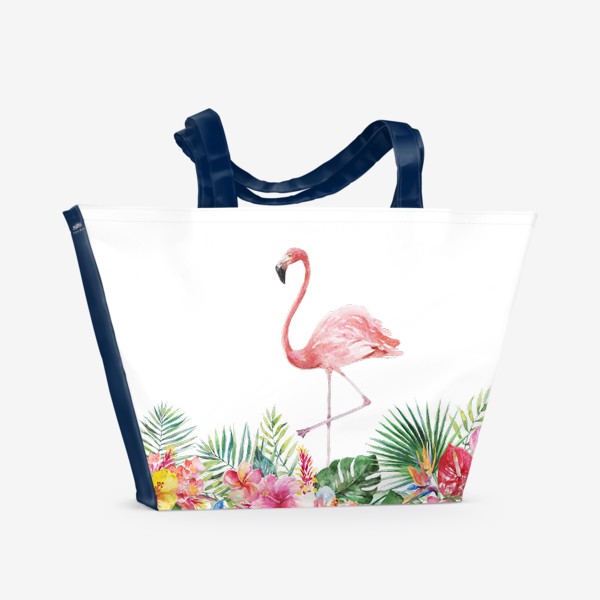 Пляжная сумка «Букет тропических цветов и розовый фламинго акварель»