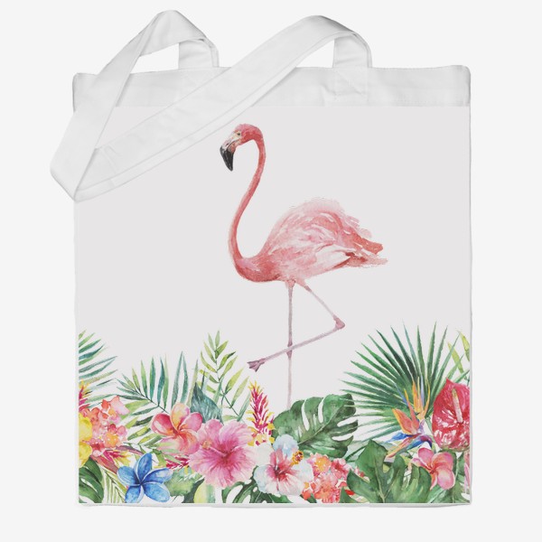 Сумка хб «Букет тропических цветов и розовый фламинго акварель»