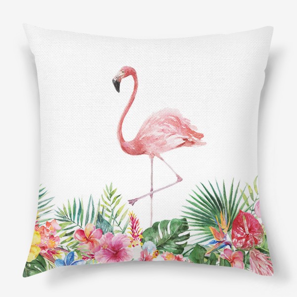 Подушка &laquo;Букет тропических цветов и розовый фламинго акварель&raquo;