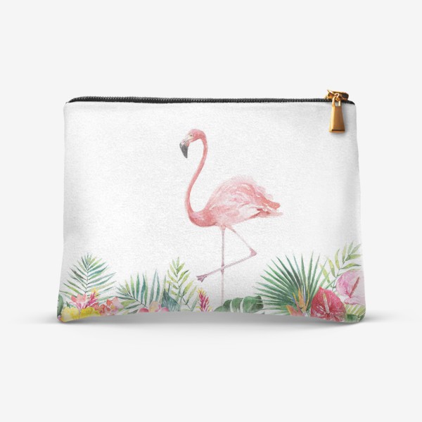 Косметичка «Букет тропических цветов и розовый фламинго акварель»
