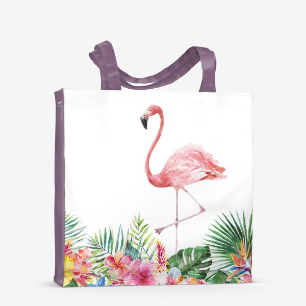 Сумка-шоппер «Букет тропических цветов и розовый фламинго акварель»