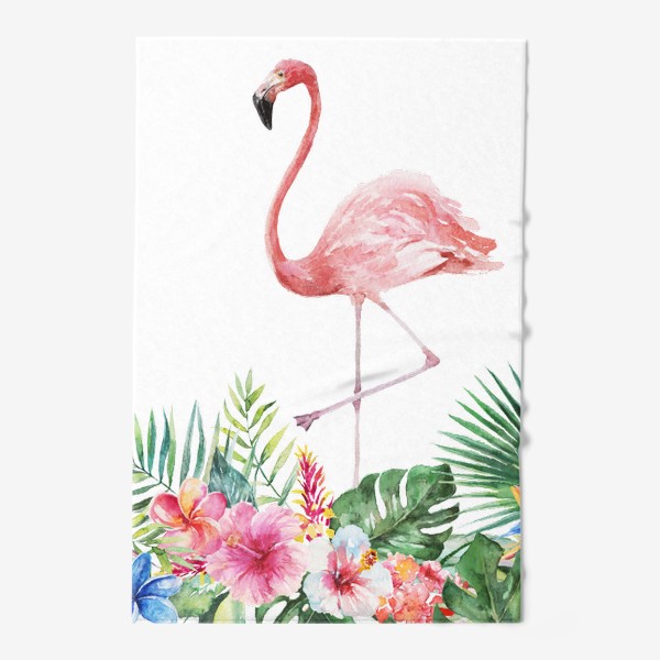 Полотенце «Букет тропических цветов и розовый фламинго акварель»