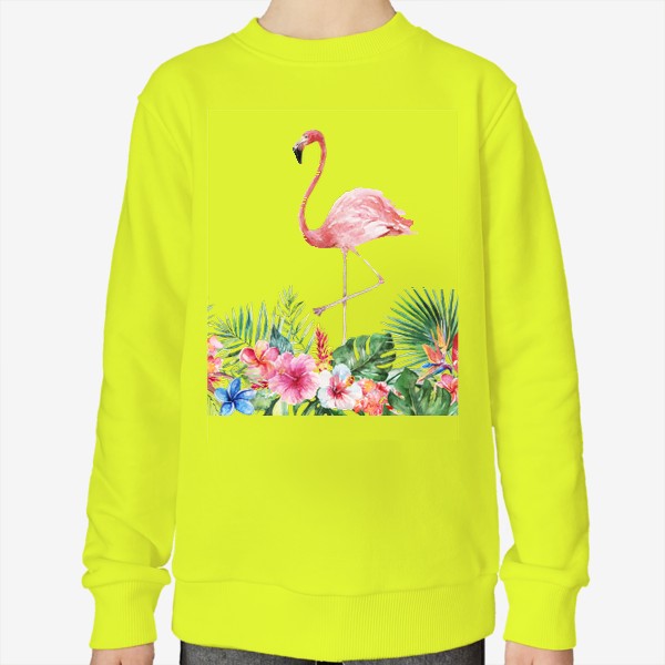 Свитшот «Букет тропических цветов и розовый фламинго акварель»