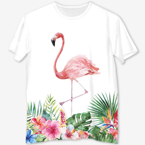 Футболка с полной запечаткой «Букет тропических цветов и розовый фламинго акварель»
