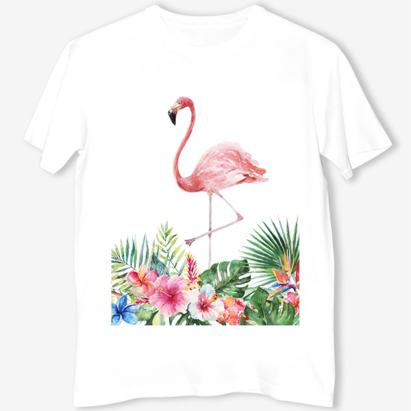 Футболка «Букет тропических цветов и розовый фламинго акварель»