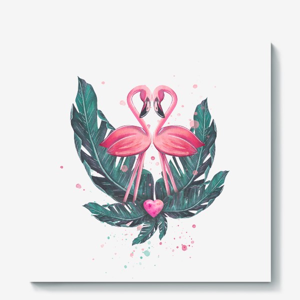 Холст &laquo;Розовый фламинго пара с сердцем и тропическими листьями. Акварель.&raquo;