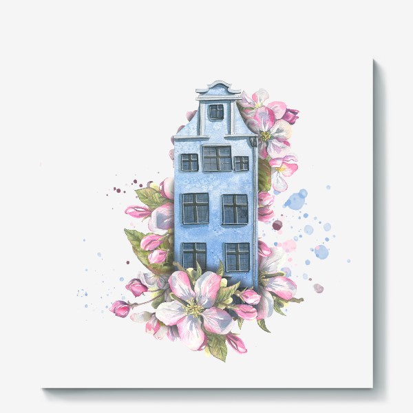 Холст «Милый европейский домик с цветами яблони. Акварель.»