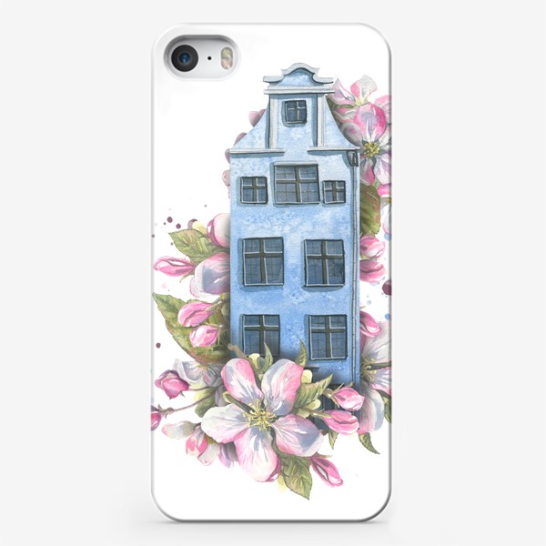 Чехол iPhone «Милый европейский домик с цветами яблони. Акварель.»