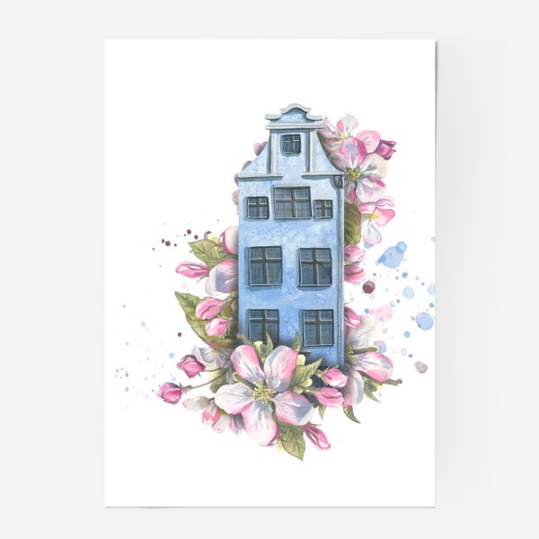 Постер «Милый европейский домик с цветами яблони. Акварель.»