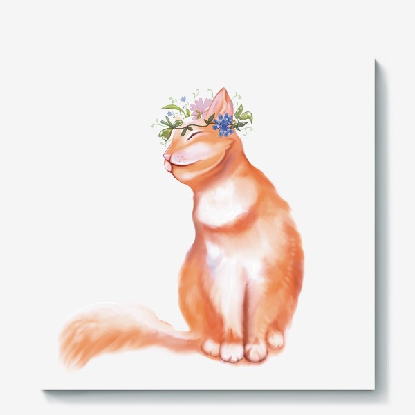 Холст &laquo;Рыжий уютный кот с цветочным венком на голове.&raquo;