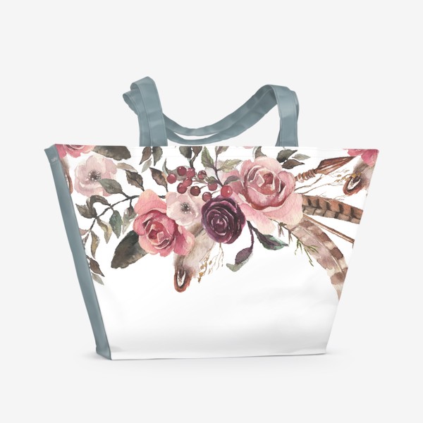 Пляжная сумка «Акварельные цветы и перья»