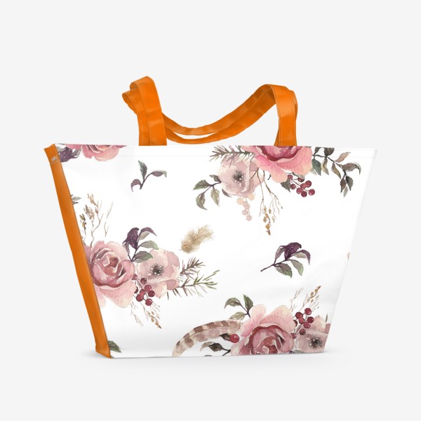 Пляжная сумка &laquo;Акварельные цветы с перьями&raquo;