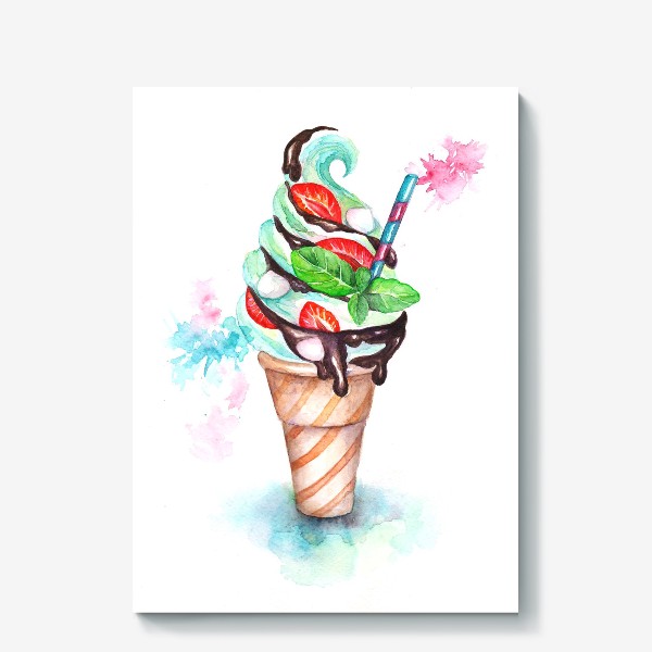 Холст «Мятное мороженое с клубникой и зефиром»