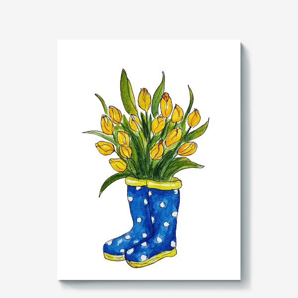 Холст «Желтые тюльпаны в синих резиновых сапогах.»