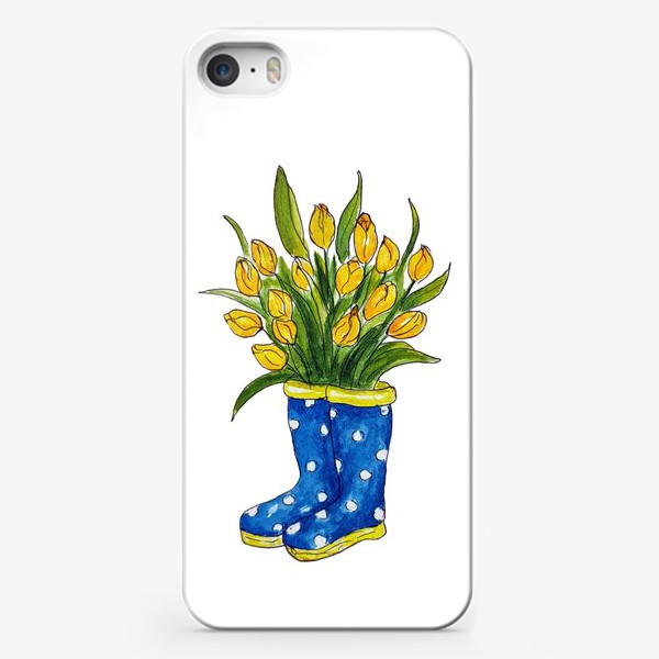 Чехол iPhone «Желтые тюльпаны в синих резиновых сапогах.»