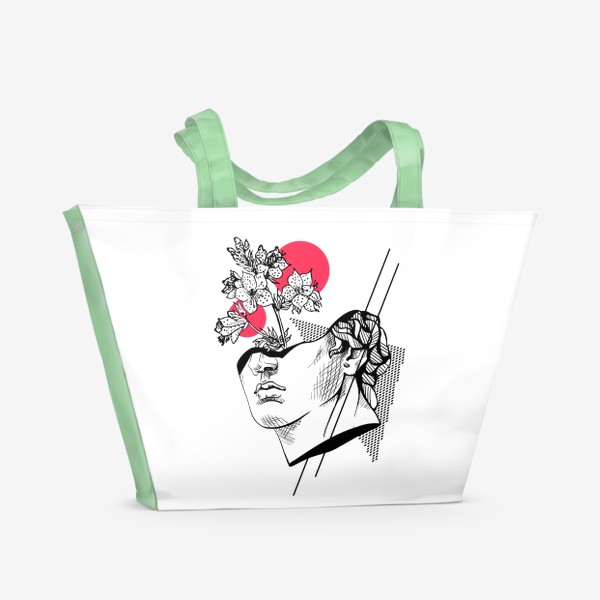 Пляжная сумка «Стилизованный портрет Аполлона. Древнегреческий бог с цветами и красными пятнами»