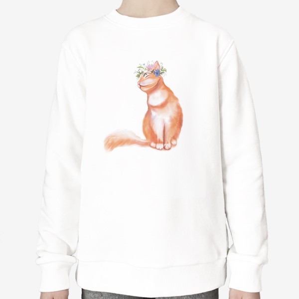 Свитшот «Рыжий уютный кот с цветочным венком на голове.»