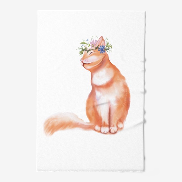 Полотенце «Рыжий уютный кот с цветочным венком на голове.»