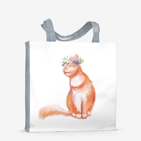 Сумка-шоппер «Рыжий уютный кот с цветочным венком на голове.»