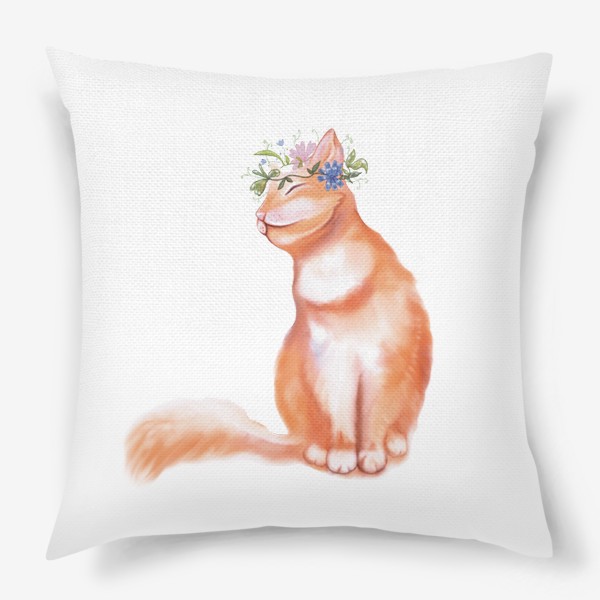 Подушка «Рыжий уютный кот с цветочным венком на голове.»