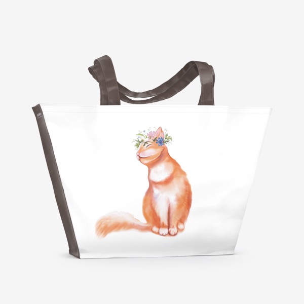 Пляжная сумка «Рыжий уютный кот с цветочным венком на голове.»