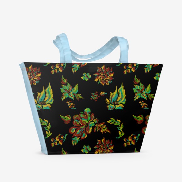 Пляжная сумка «Цветочный узор на чёрном фоне»