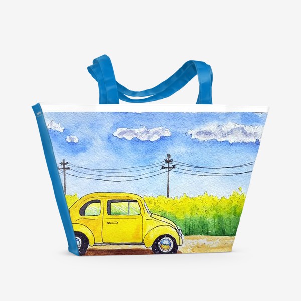 Пляжная сумка «Желтая машина "Жук" в поле »