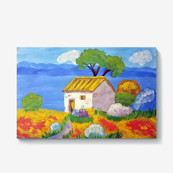 Холст «Бежевый домик на берегу моря в цветах.»
