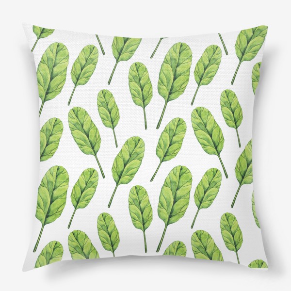 Подушка «Зеленые листья шпината акварель»