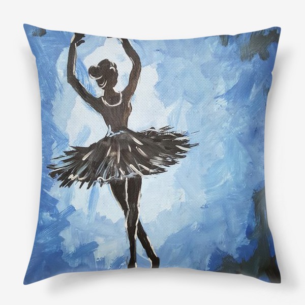 Подушка «Черный силуэт балерины на сине-голубом фоне»
