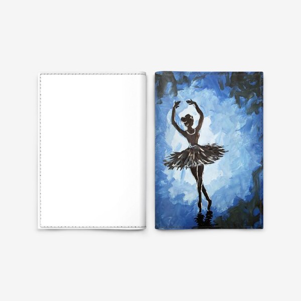 Обложка для паспорта «Черный силуэт балерины на сине-голубом фоне»