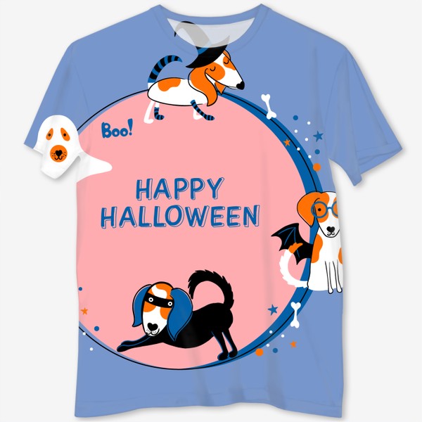 Футболка с полной запечаткой «Happy Halloween. Праздничный принт с собаками»