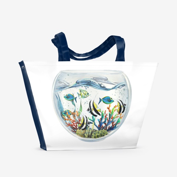 Пляжная сумка «Яркие тропические рыбки, аквариум. Акварельные.»