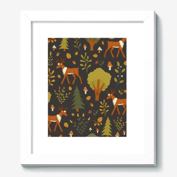 Картина «Сказочный осенний лес с оленем , грибами, ягодами, желудями и листьями»