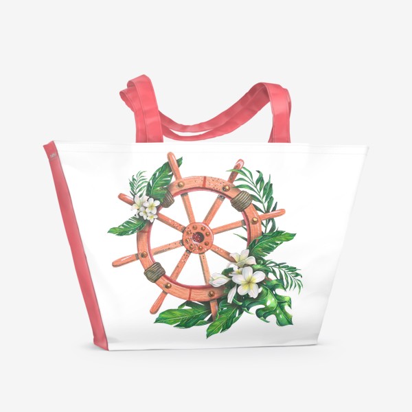 Пляжная сумка «Штурвал с тропическими листьями и цветами плюмерии. Акварель.»