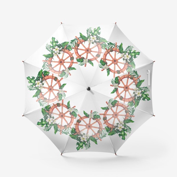 Зонт «Штурвал с тропическими листьями и цветами плюмерии. Акварель.»