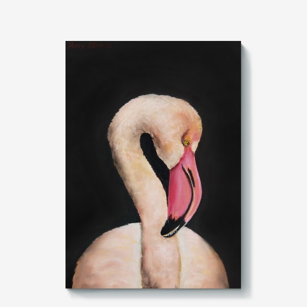 Холст «Розовый Фламинго крупным планом на темном фоне»