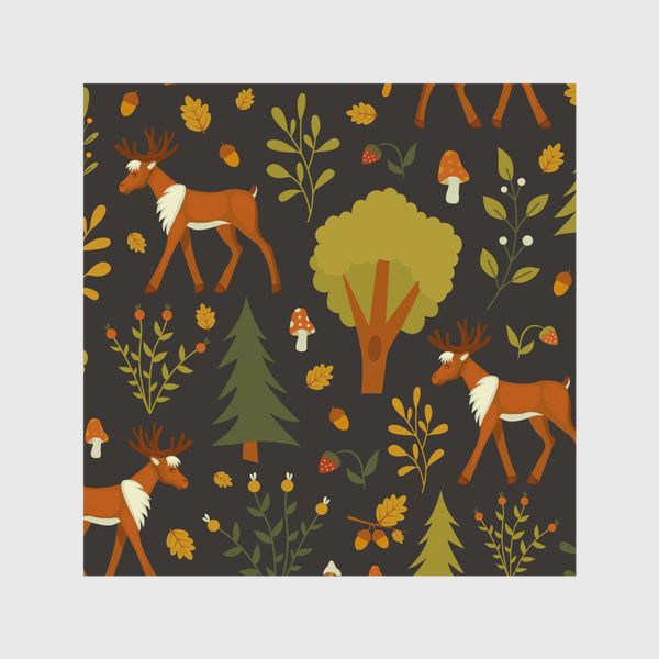 Шторы &laquo;Сказочный осенний лес с оленем , грибами, ягодами, желудями и листьями&raquo;