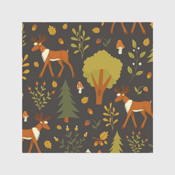 Скатерть «Сказочный осенний лес с оленем , грибами, ягодами, желудями и листьями»