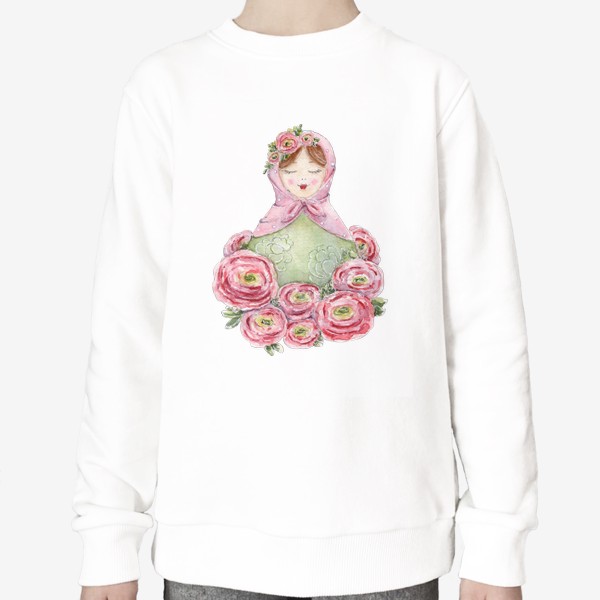 Свитшот «Матрешка с цветами ранункулюсы, русская матрёшка, весенние цветы»