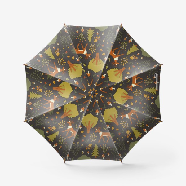 Зонт «Сказочный осенний лес с оленем , грибами, ягодами, желудями и листьями»