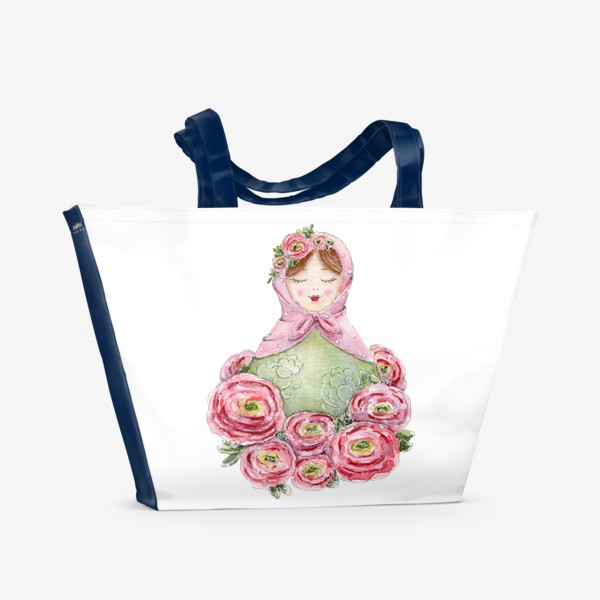 Пляжная сумка «Матрешка с цветами ранункулюсы, русская матрёшка, весенние цветы»