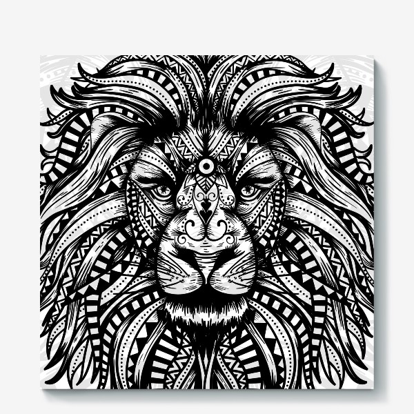Холст «Черно белый лев в африканском узоре»